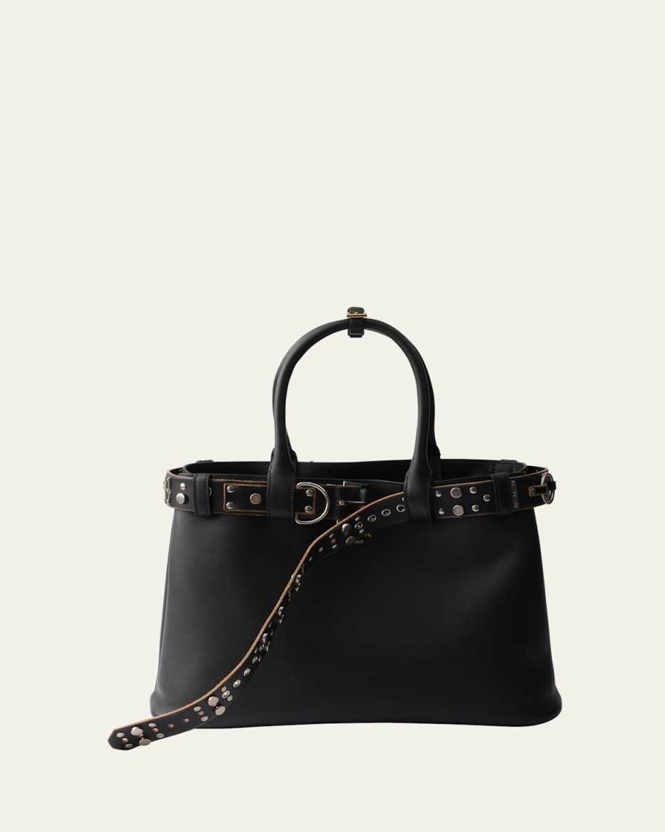 Studded Buckle Leather Top-Handle Bag